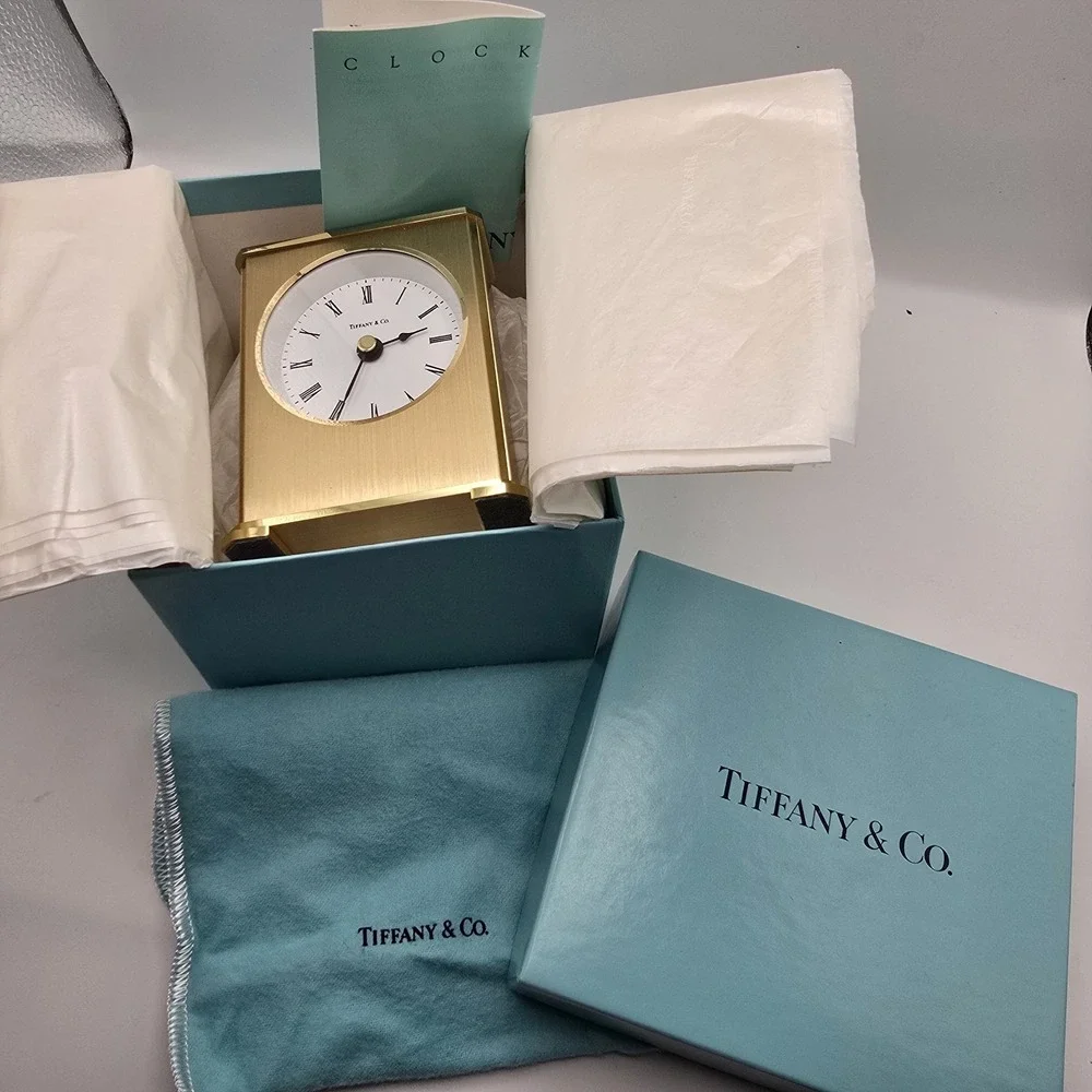 Vintage Tiffany & Co Brass Desktop Clock with Original Box